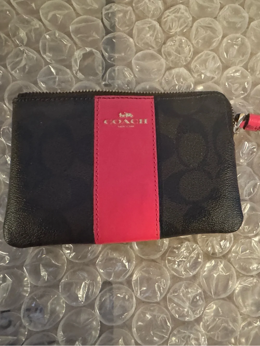 Coach Black Signature Wristlet with Pink Leather Accent